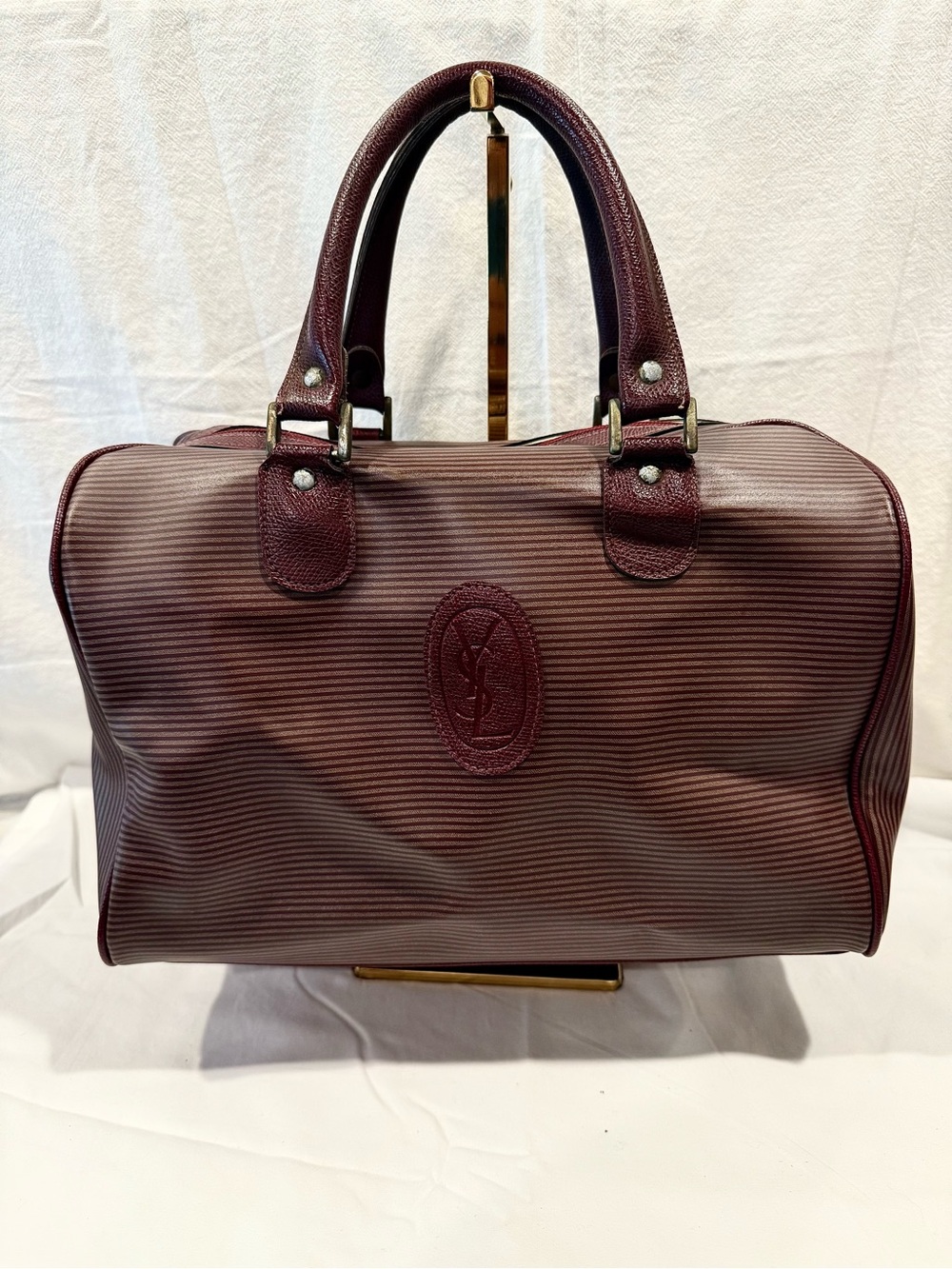 Vintage Yves Saint Laurent (YSL) Striped Boston Bag In A Rich Bordeaux Color
